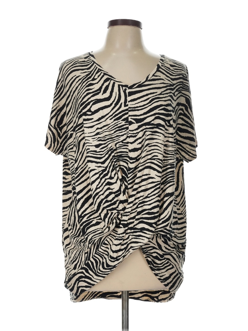 Express Black and Cream Zebra-Print Short Sleeve Twist Front Top